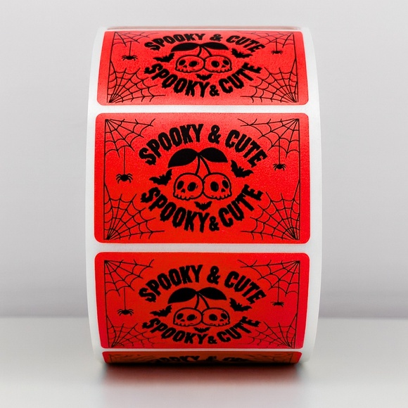 100 Spooky & Cute Halloween Stickers Roll 2x1 inch – Purple Skull Cherry Labels - Picture 3 of 4
